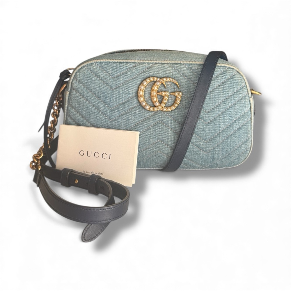 Gucci GG Marmont Denim Pearl Camera Bag Pre-Fall 2018 Crossbody Capsule Italy